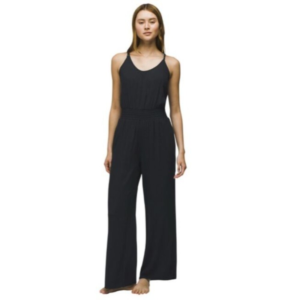 Prana Womens Fernie Wide Leg Jumpsuit Cover Up Black 100% Tencel Gauze XL NWT